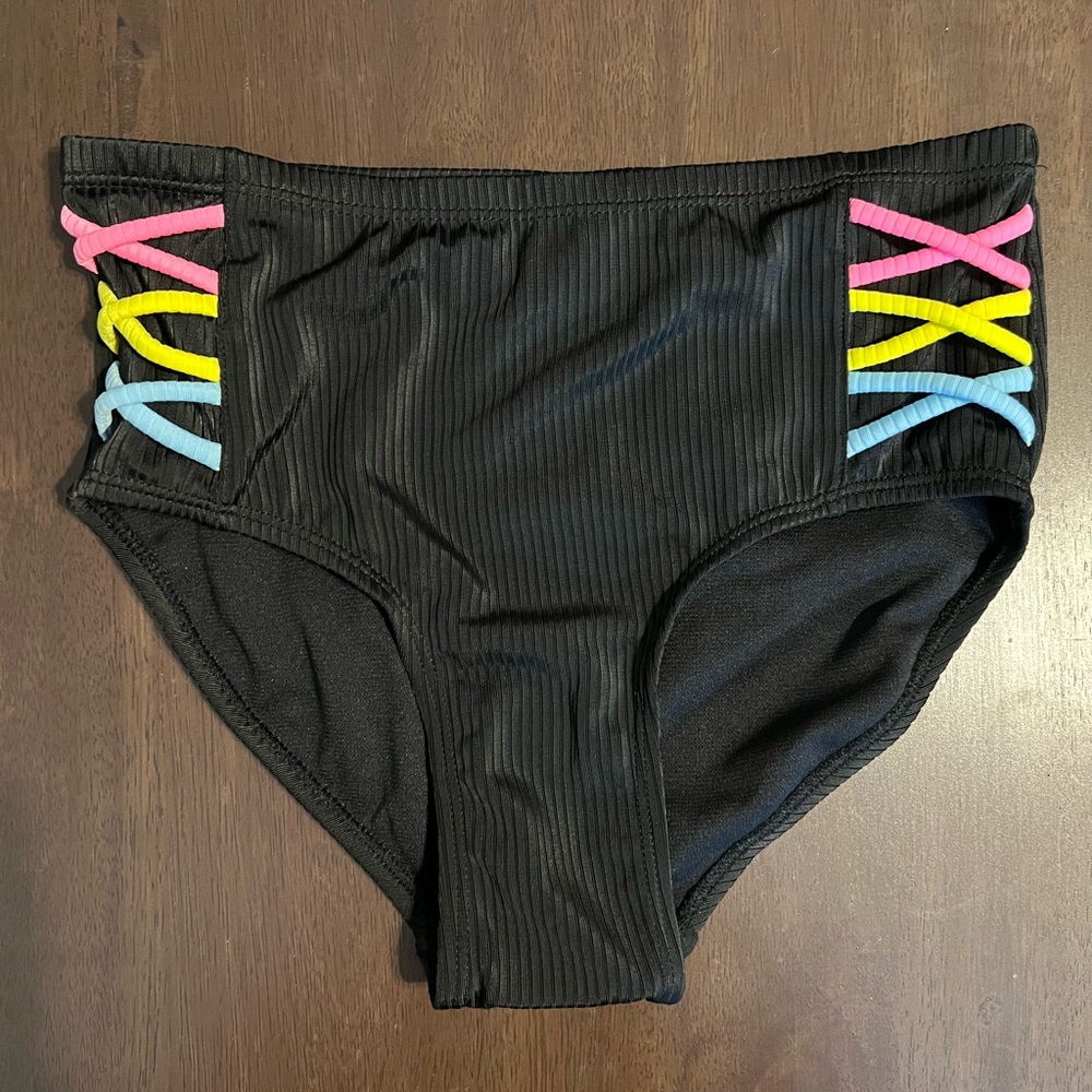 NWT Justice Girls Black 2 Piece Lace Up Swimsuit w/ Colorful Straps! M (10). - Picture 7 of 10